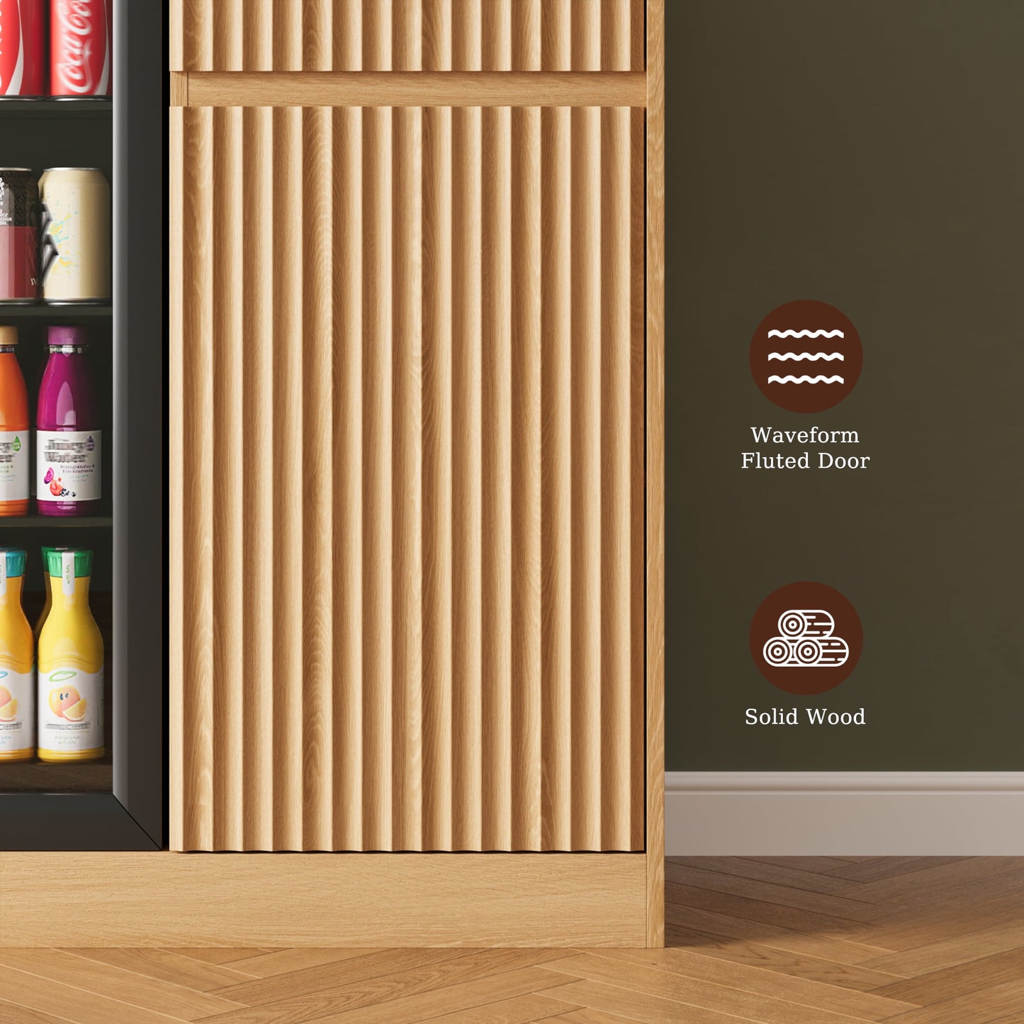 ASTUVIA Mini Fridge Cabinet with Power Outlet,Fluted Coffee Bar Cabinet with Mini Fridge Space,Buffet Sideboard with Drawers,Natural