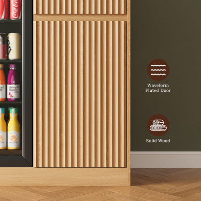 ASTUVIA Mini Fridge Cabinet with Power Outlet,Fluted Coffee Bar Cabinet with Mini Fridge Space,Buffet Sideboard with Drawers,Natural