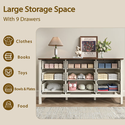 9 Drawer Farmhouse Dresser,Wood Adult Rustic Chest of Drawer with Metal Handles for Bedroom Living Room Hallway