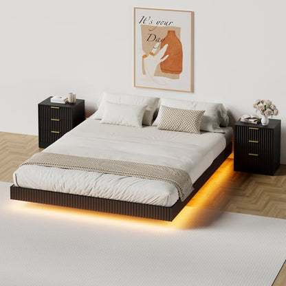 ASTUVIA 4-Piece Bedroom Set for Adult, Fluted Queen Floating LED Bed Frame with 2 Nightstands and Fluted Drawer Dressers