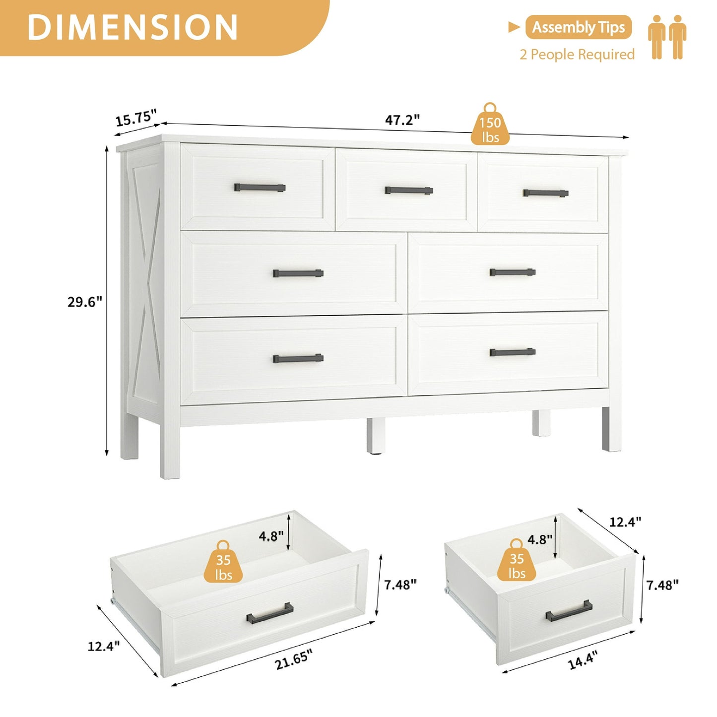 YouTrend 7 Drawer Farmhouse Dresser,Wood Adult Rustic Chest of Drawer with Metal Handles for Bedroom Living Room Hallway,Burlywood & White