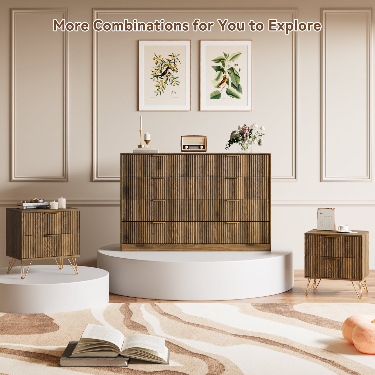 8 Drawer Dresser with for Bedroom,Modern Fluted Wood Chest of Drawer with Golden Embedded Handles for Living Room,Hallway