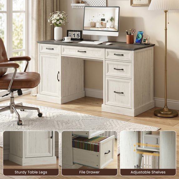 ASTUVIA Farmhouse 58" Computer Desk with Drawers,Wood Home Office Desk with Storage,Gaming Desk with Storage Shelves