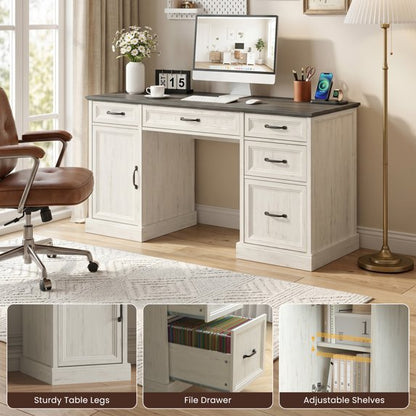 ASTUVIA Farmhouse 58" Computer Desk with Drawers,Wood Home Office Desk with Storage,Gaming Desk with Storage Shelves