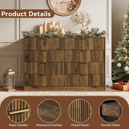 8 Drawer Dresser with for Bedroom,Modern Fluted Wood Chest of Drawer with Golden Embedded Handles for Living Room,Hallway