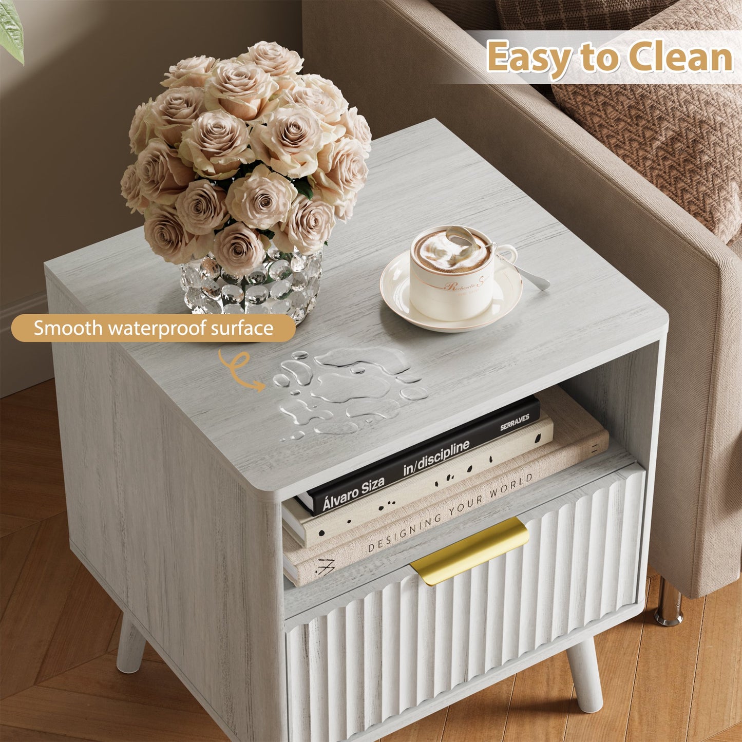 YouTrend Nightstand with Open Shelf,Beside Table with Fluted Design ,End Table with Solid Wood Legs for bedroom