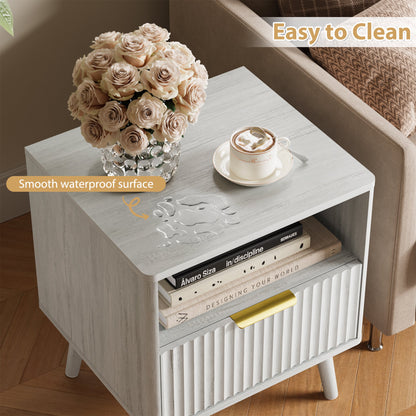 YouTrend Nightstand with Open Shelf,Beside Table with Fluted Design ,End Table with Solid Wood Legs for bedroom