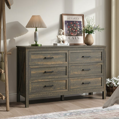 YouTrend 6 Drawer Farmhouse Dresser,Wood Adult Rustic Chest of Drawer with Metal Handles for Bedroom Living Room Hallway,Burlywood & White