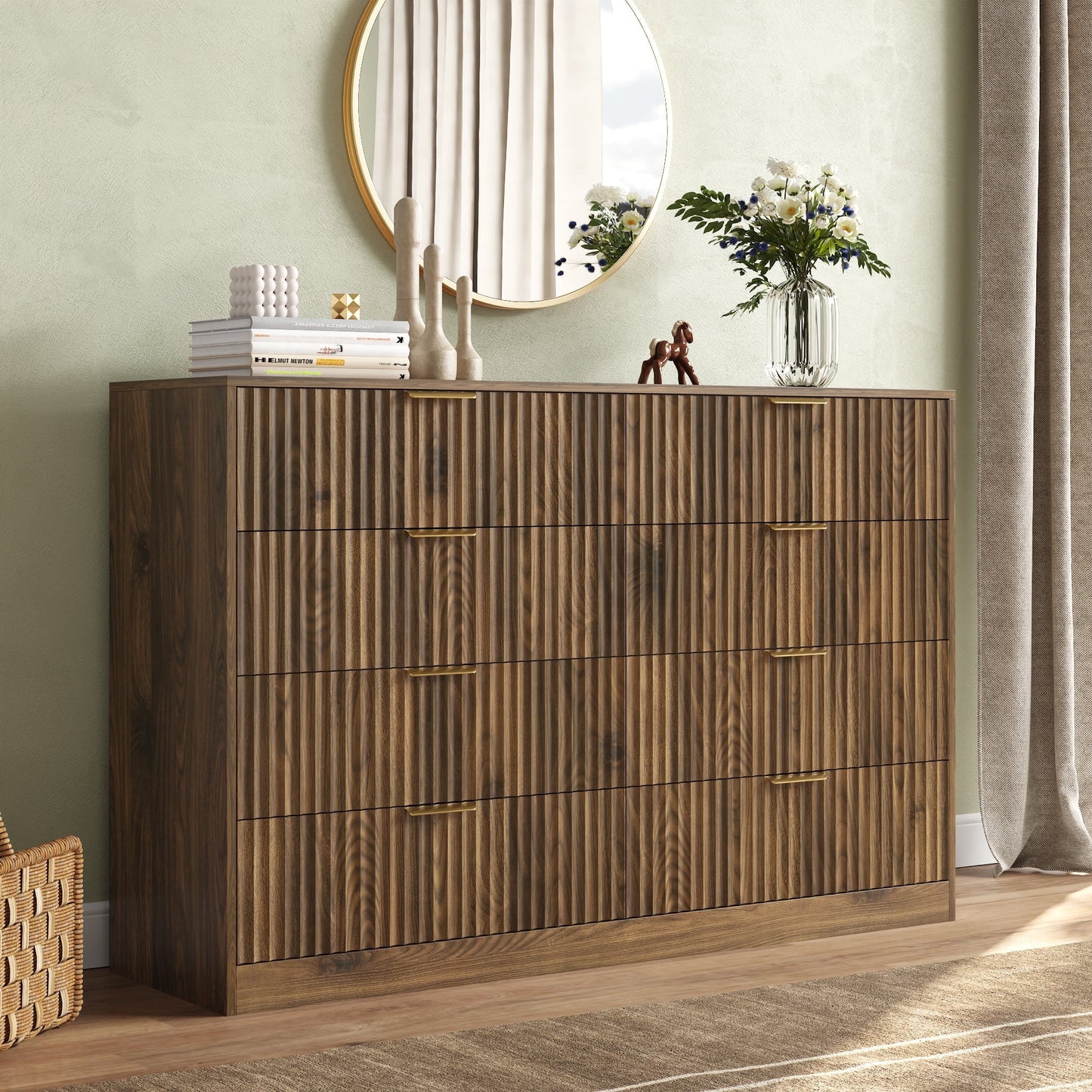 ASTUVIA 55.1" W Fluted 6 Drawer Dresser for Adult,Wooden Bedroom Dresser,Dresser TV Stand up to 65" for Living Room,Brown