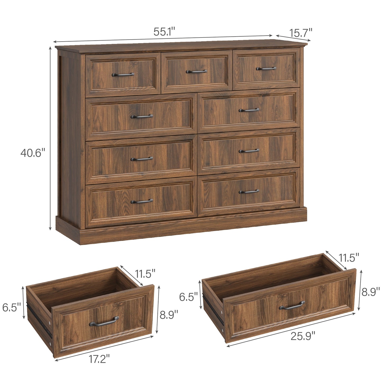 YouTrend Rustic 9-Drawer Wood Dresser, Large Storage Chest Organizer with Metal Handles for Bedroom, Living Room, Farmhouse Style Furniture,Gray