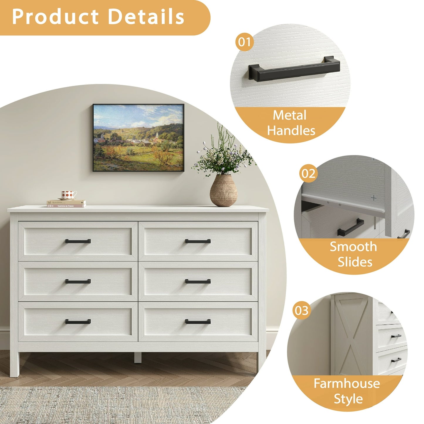 YouTrend 6 Drawer Farmhouse Dresser,Wood Adult Rustic Chest of Drawer with Metal Handles for Bedroom Living Room Hallway,Burlywood & White