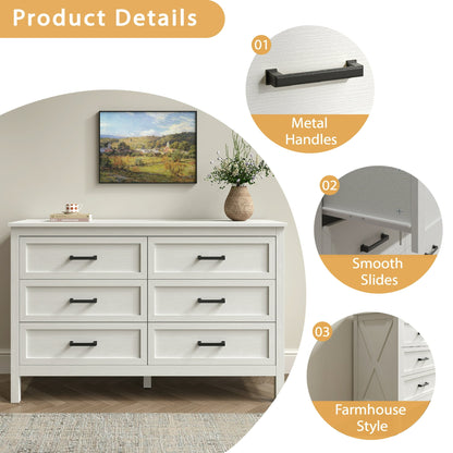 YouTrend 6 Drawer Farmhouse Dresser,Wood Adult Rustic Chest of Drawer with Metal Handles for Bedroom Living Room Hallway,Burlywood & White