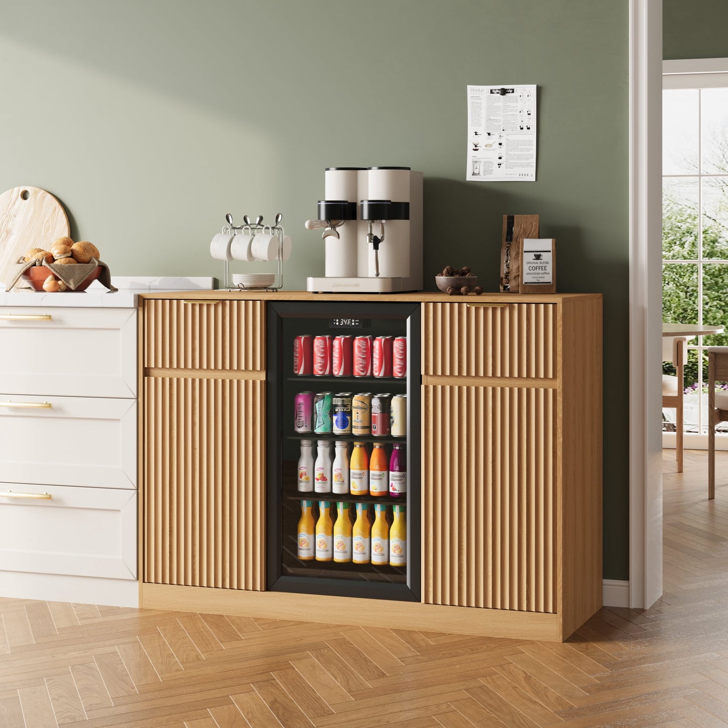 ASTUVIA Mini Fridge Cabinet with Power Outlet,Fluted Coffee Bar Cabinet with Mini Fridge Space,Buffet Sideboard with Drawers,Natural