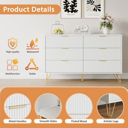 YouTrend White 6 Drawer Dresser with Fluted Wood and Metal Handles Legs for Bedroom Living Room Hallway
