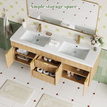 ASTUVIA 60" Fluted Bathroom Vanity Cabinet with 2 Drawers,Bathroom Vanity with Sink and 4 Soft-Close Doors,Floating Bathroom Sink Cabinet,Brown