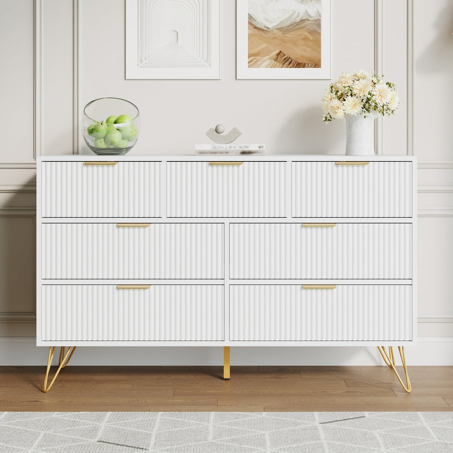 YouTrend White 7 Drawer Dresser with Fluted Wood and Metal Handles Legs for Bedroom Living Room Hallway