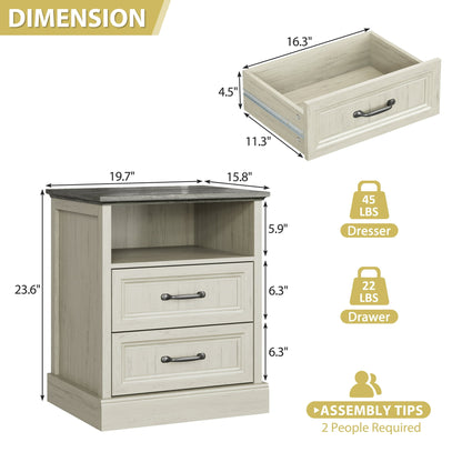 YouTrend Farmhouse Nightstand with 2 Drawers & Open Shelf End Table Bedside Tables for Bedroom Living Room,White