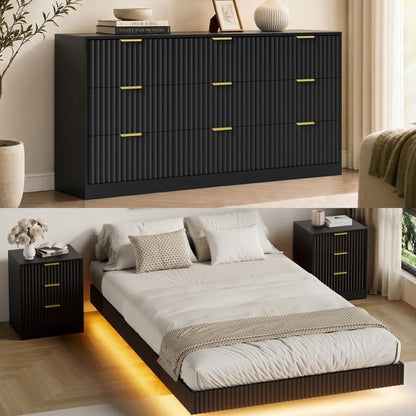 ASTUVIA 4-Piece Bedroom Set for Adult, Fluted Queen Floating LED Bed Frame with 2 Nightstands and Fluted Drawer Dressers
