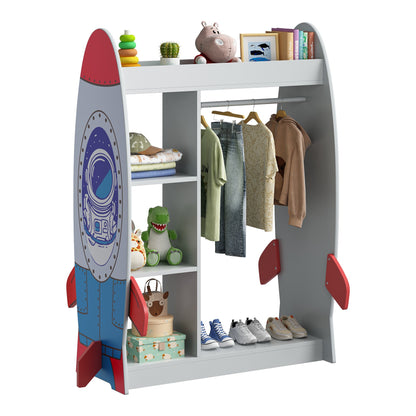 ASTUVIA Kids Dress Up Storage with Mirror, Rocket Shape Kids Clothing Rack with Storage Shelves for Bedroom,Playroom