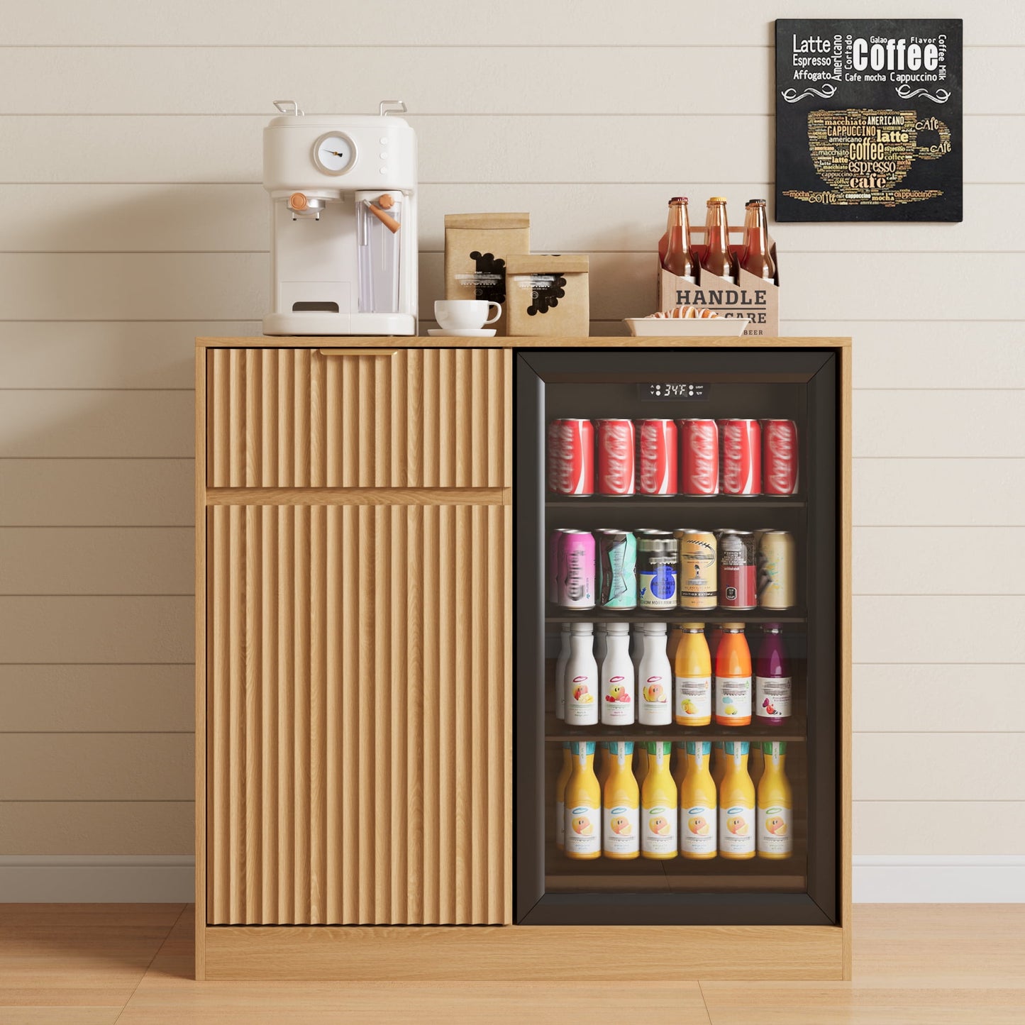 ASTUVIA Mini Fridge Cabinet with Power Outlet,Fluted Coffee Bar Cabinet with Mini Fridge Space,Buffet Sideboard with Drawers,Natural