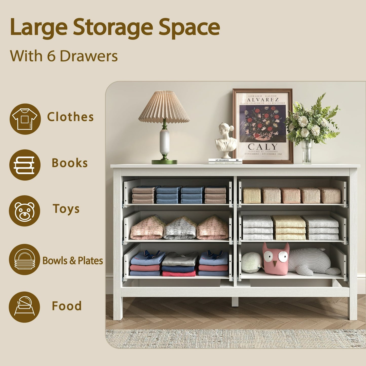 YouTrend 6 Drawer Farmhouse Dresser,Wood Adult Rustic Chest of Drawer with Metal Handles for Bedroom Living Room Hallway,Burlywood & White