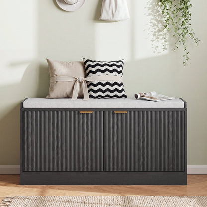 ASTUVIA Fluted Shoe Bench with Cushion, 2-Tier Shoe Storage Bench with Adjustable Shelves, Shoe Cabinet with Bench for Hallway