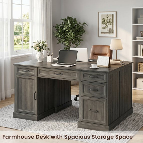 ASTUVIA Farmhouse 58" Computer Desk with Drawers,Wood Home Office Desk with Storage,Gaming Desk with Storage Shelves