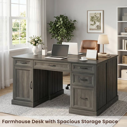 ASTUVIA Farmhouse 58" Computer Desk with Drawers,Wood Home Office Desk with Storage,Gaming Desk with Storage Shelves