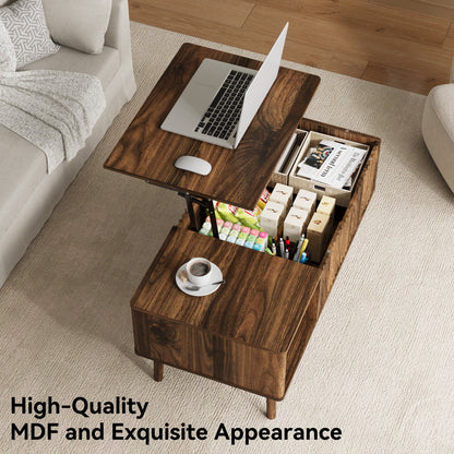 YouTrend Fluted Lift Top Coffee Table with Storage, 39.4" Width Rising Coffee Tables with Hidden Compartment, Wood Center Table for Living Room Office