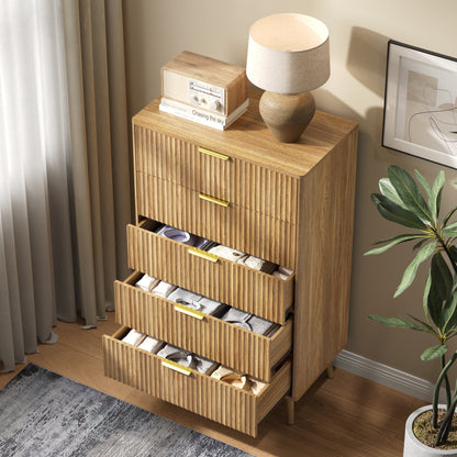 YouTrend 5 Drawer Dresser for Bedroom,Tall Dresser with Metal Handle,Fluted Dresser Modern Storage Cabinet for Home Office Living Room,White