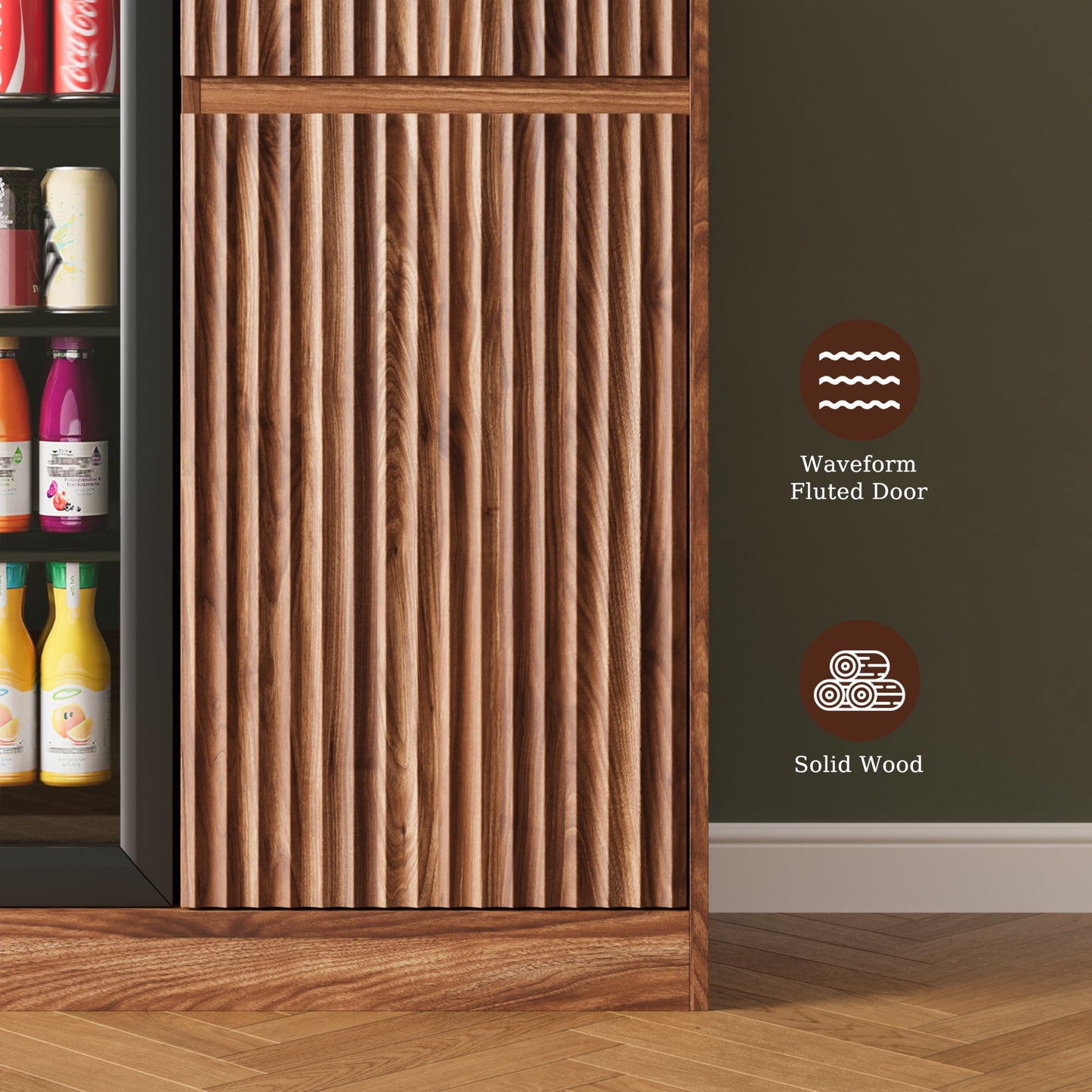 ASTUVIA Mini Fridge Cabinet with Power Outlet,Fluted Coffee Bar Cabinet with Mini Fridge Space,Buffet Sideboard with Drawers,Natural