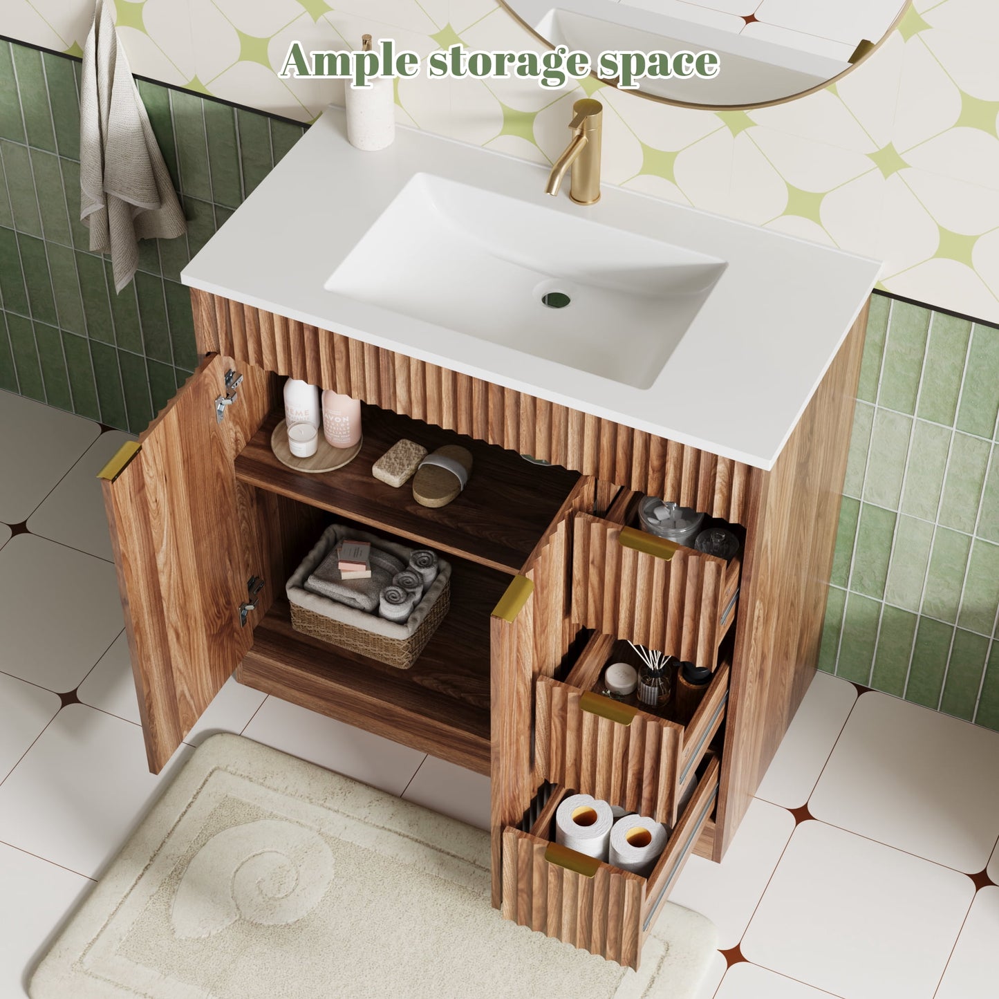 ASTUVIA 60" Fluted Bathroom Vanity Cabinet with 2 Drawers,Bathroom Vanity with Sink and 4 Soft-Close Doors,Floating Bathroom Sink Cabinet,Brown