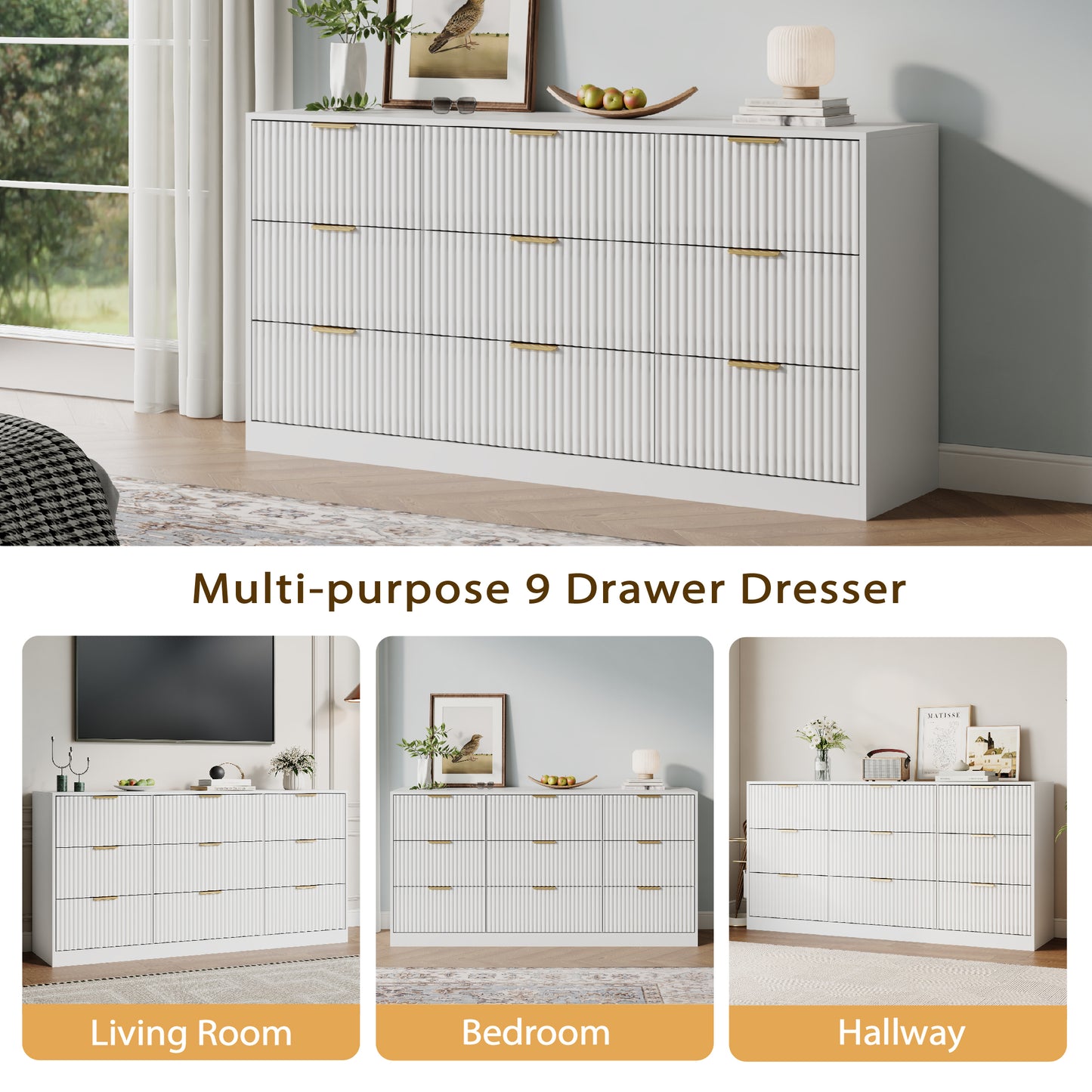 9 Drawer Dresser with for Bedroom,Modern Fluted Wood Chest of Drawer with Golden Embedded Handles for Living Room,Hallway