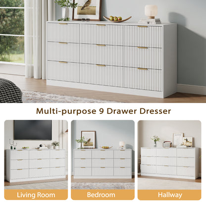 9 Drawer Dresser with for Bedroom,Modern Fluted Wood Chest of Drawer with Golden Embedded Handles for Living Room,Hallway