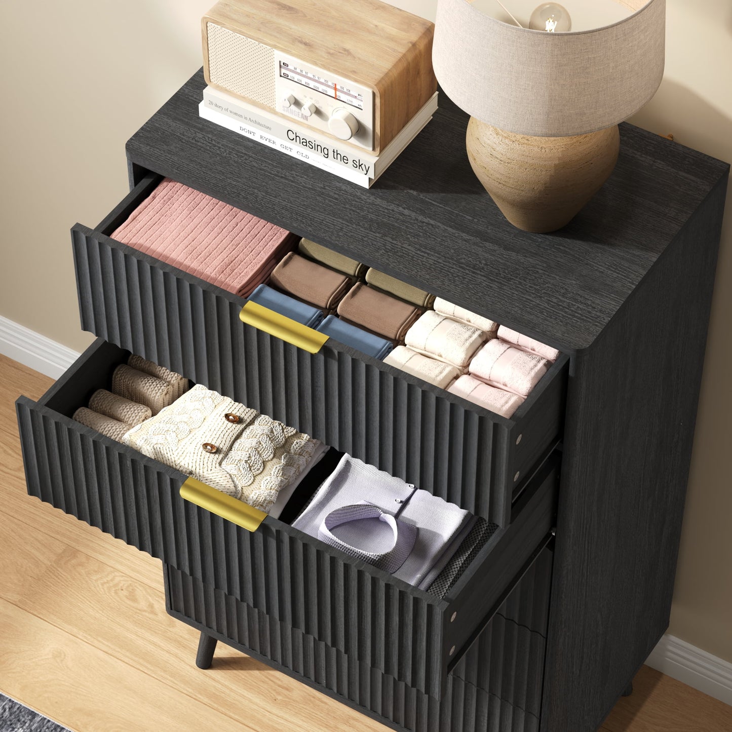 YouTrend 5 Drawer Dresser for Bedroom,Tall Dresser with Metal Handle,Fluted Dresser Modern Storage Cabinet for Home Office Living Room,White