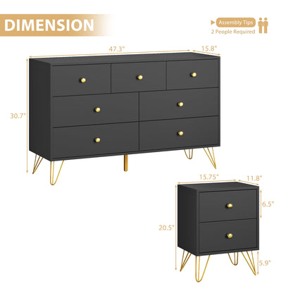 YouTrend Dresser and Nightstand sets,7 Drawer Dresser for Bedroom, 3 Piece Bedroom Dresser Set for Adult,Black