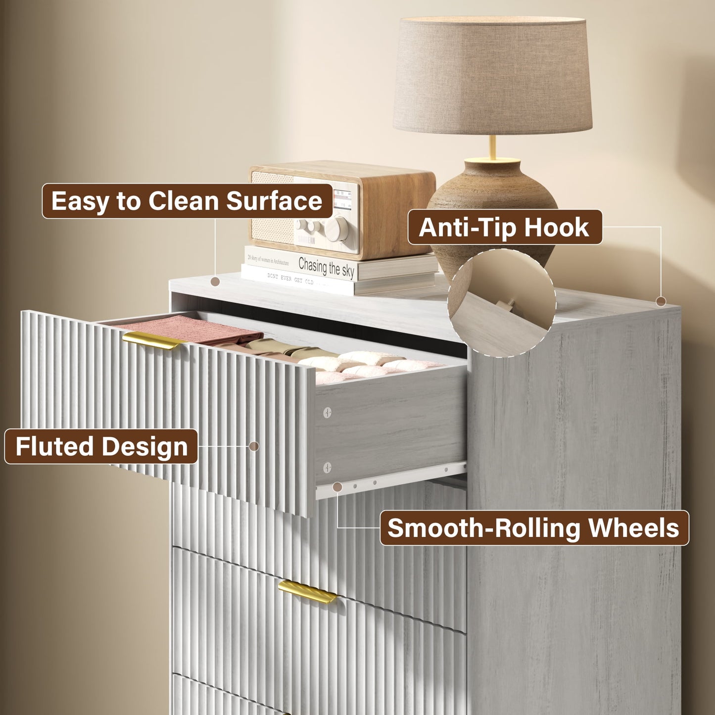 YouTrend 5 Drawer Dresser for Bedroom,Tall Dresser with Metal Handle,Fluted Dresser Modern Storage Cabinet for Home Office Living Room,White