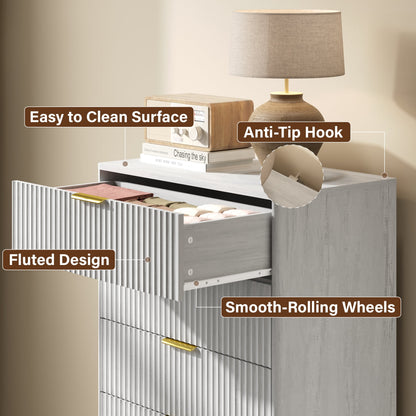 YouTrend 5 Drawer Dresser for Bedroom,Tall Dresser with Metal Handle,Fluted Dresser Modern Storage Cabinet for Home Office Living Room,White