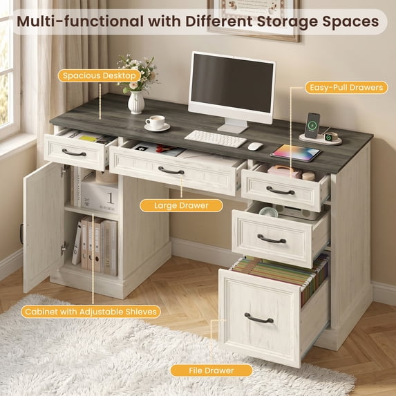 ASTUVIA Farmhouse 58" Computer Desk with Drawers,Wood Home Office Desk with Storage,Gaming Desk with Storage Shelves