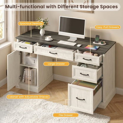 ASTUVIA Farmhouse 58" Computer Desk with Drawers,Wood Home Office Desk with Storage,Gaming Desk with Storage Shelves