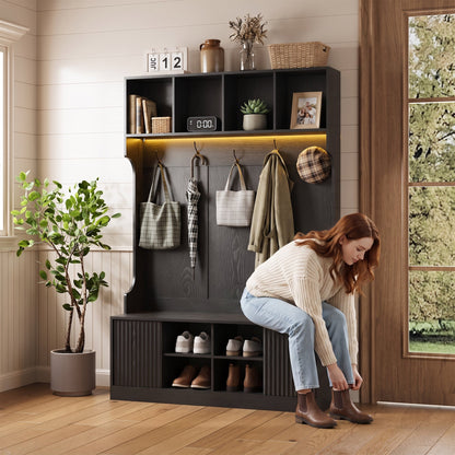 ASTUVIA 70.9"H LED Hall Tree with Bench & Shoe Storage, 47.2"W Entryway Coat Rack with 5 Hooks & 2 Fluted Doors,5 in 1 Coat Hanger for Hallway, Living Room
