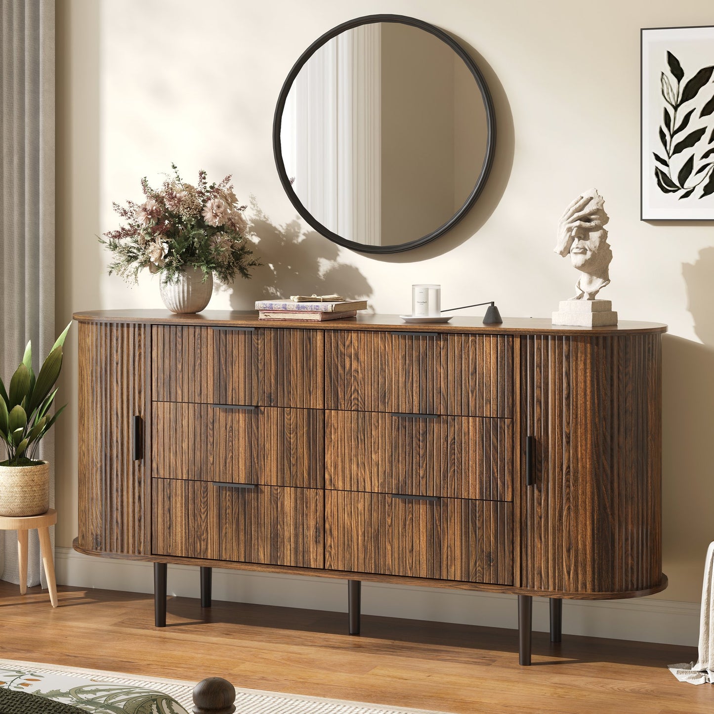 ASTUVIA Fluted 6 Drawers Dresser, 63'' Wide Modern Chest of Drawers with Sideboard,Curved Profile & Sturdy Legs, Dresser TV Stand for Bedroom, Living Room