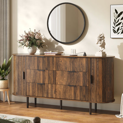 ASTUVIA Fluted 6 Drawers Dresser, 63'' Wide Modern Chest of Drawers with Sideboard,Curved Profile & Sturdy Legs, Dresser TV Stand for Bedroom, Living Room
