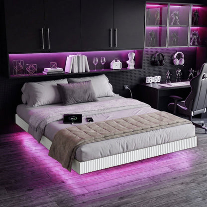 YouTrend King Bed Frame with RGB LED Lights,Floating Bed with Fluted Design;Heavy Duty Steel, Modern Metal Bed Frame,Walnut