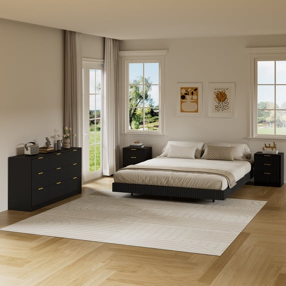ASTUVIA 4-Piece Bedroom Set for Adult, Fluted Queen Floating LED Bed Frame with 2 Nightstands and Fluted Drawer Dressers
