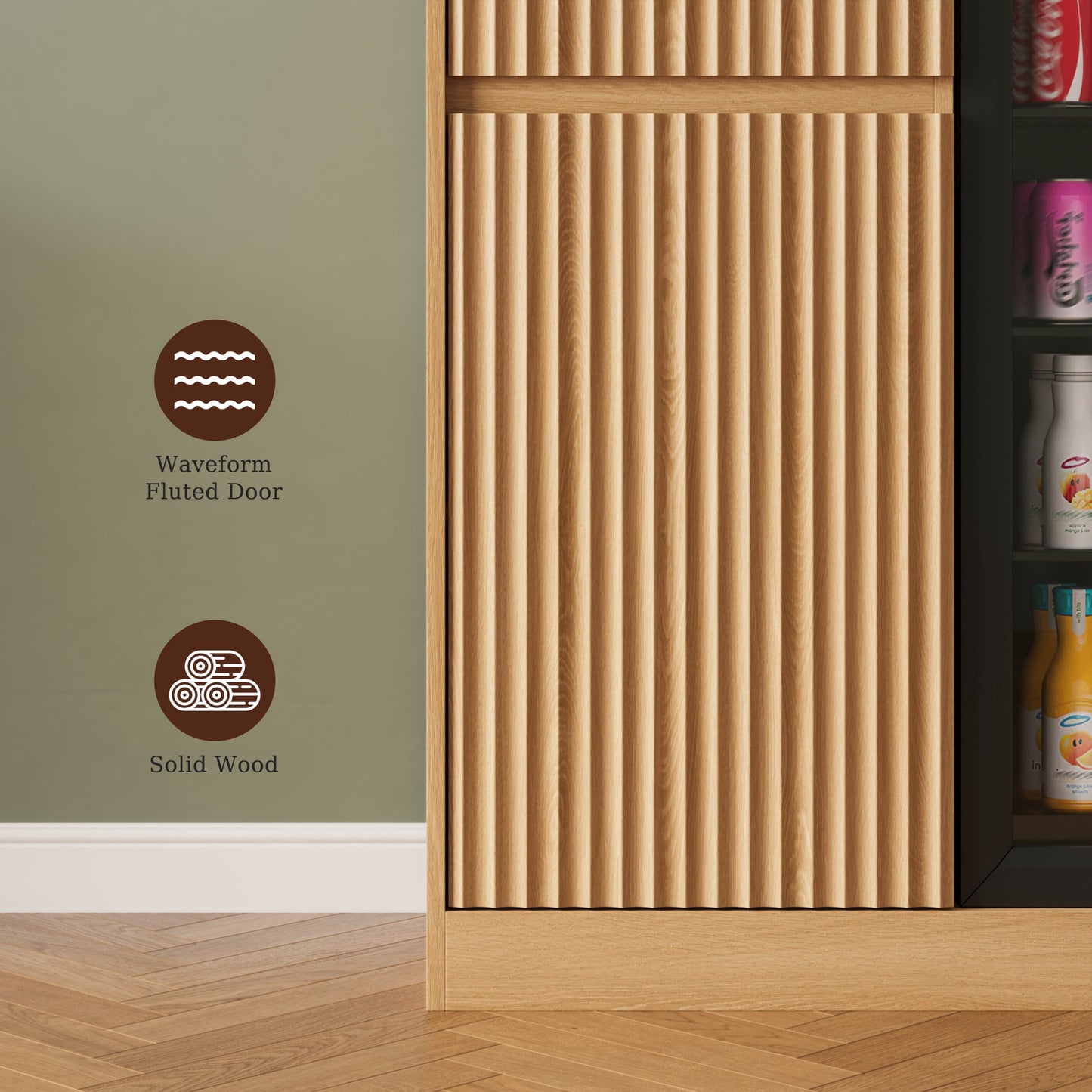 ASTUVIA Mini Fridge Cabinet with Power Outlet,Fluted Coffee Bar Cabinet with Mini Fridge Space,Buffet Sideboard with Drawers,Natural