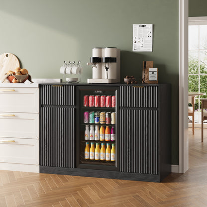 ASTUVIA Mini Fridge Cabinet with Power Outlet,Fluted Coffee Bar Cabinet with Mini Fridge Space,Buffet Sideboard with Drawers,Natural