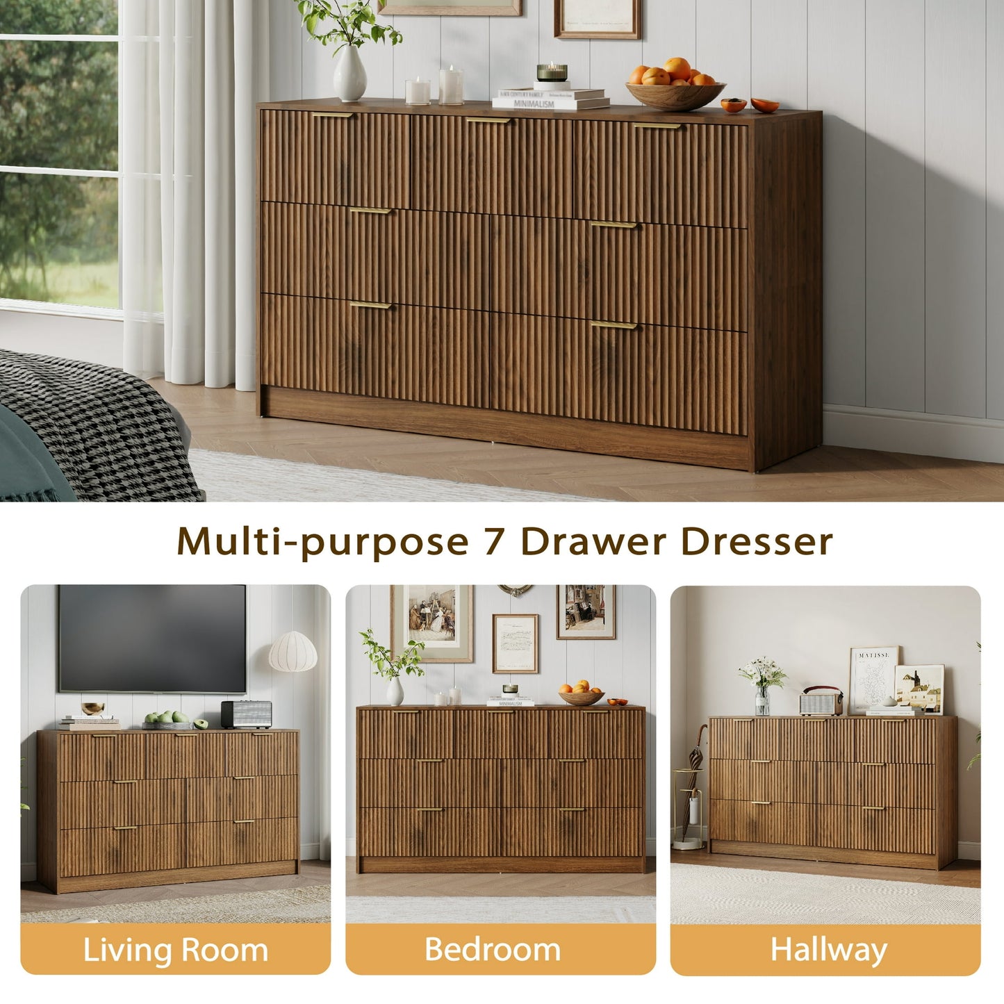 YouTrend Dresser for Bedroom with 7 Drawers,Fluted Dresser with Metal Handle,Modern Chest of Drawer TV Stand,Wood Closet Clothes Storage Organizer for Living Room,Hallway