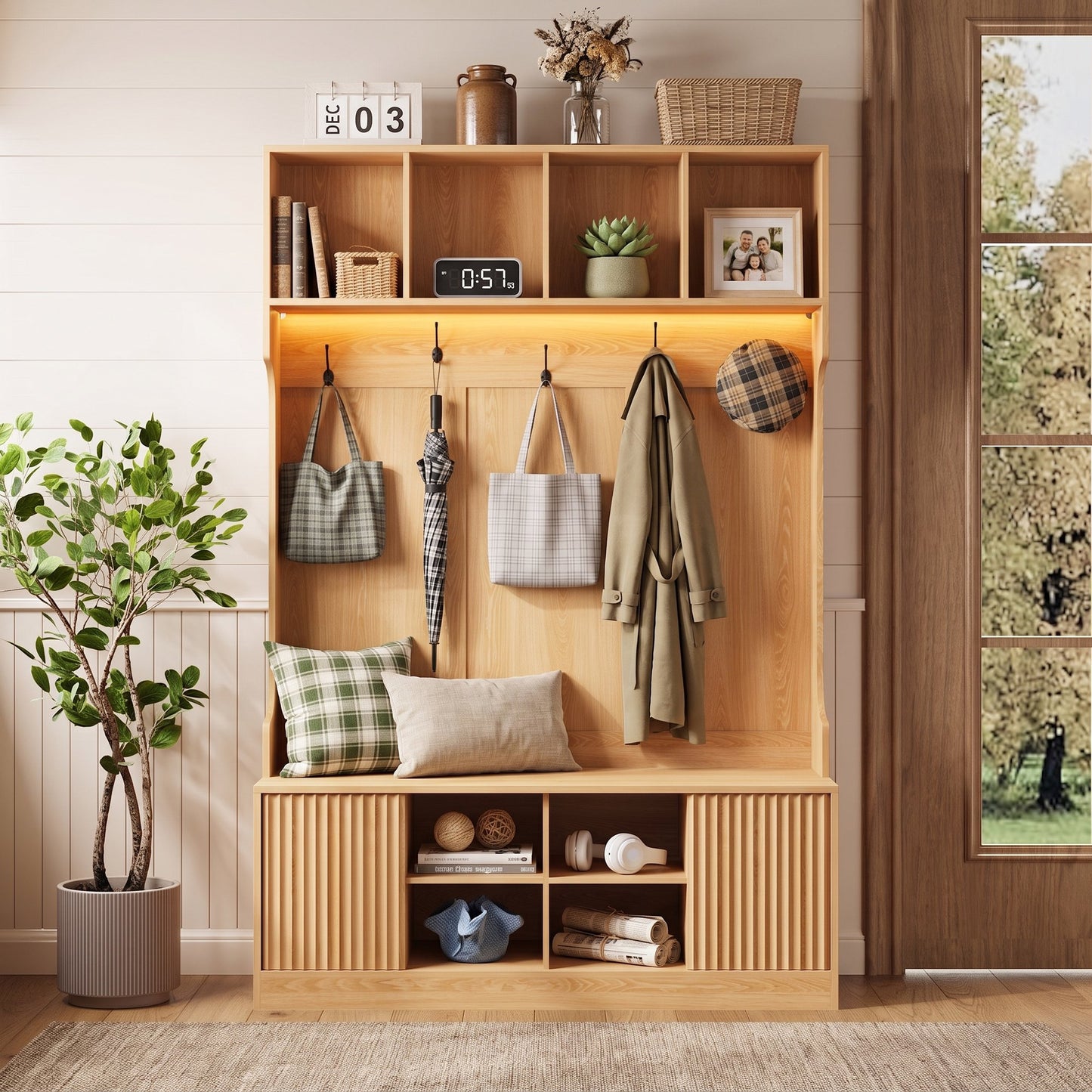 ASTUVIA 70.9"H LED Hall Tree with Bench & Shoe Storage, 47.2"W Entryway Coat Rack with 5 Hooks & 2 Fluted Doors,5 in 1 Coat Hanger for Hallway, Living Room