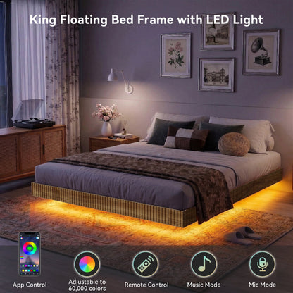 YouTrend King Bed Frame with RGB LED Lights,Floating Bed with Fluted Design;Heavy Duty Steel, Modern Metal Bed Frame,Walnut